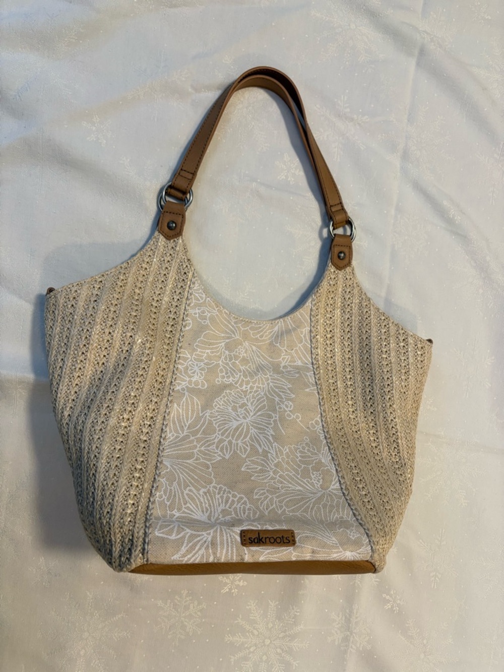 Sakroots Beige Floral Crochet Canvas Summer Tote Bag